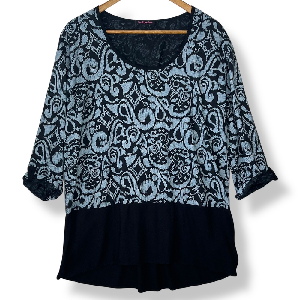 Fresh Produce XL Blue Ikat Windfall Cinch Button Back Blouse Mixed Media USA‎